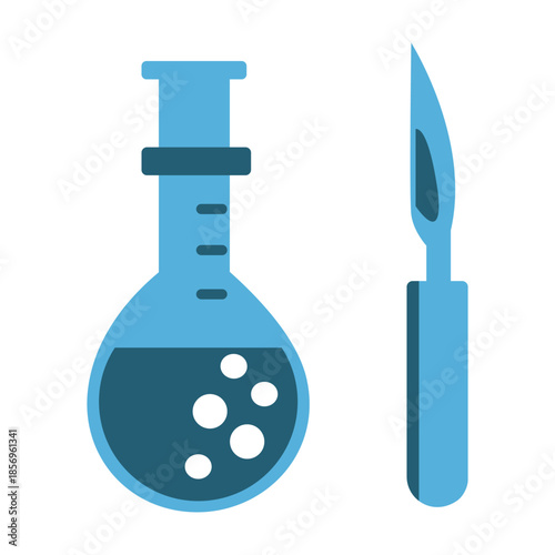 Medical science laboratory flask and surgical scalpel icon for healthcare vital research discovery precision treatment