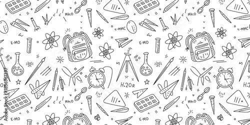 Seamless vector pattern of hand-drawn school and science doodles featuring formulas, stationery, molecules, and educational icons in black on white.