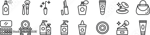 Black and white cosmetic and beauty product icons including makeup, perfume, brushes, lipstick, skincare, and vanity items for fashion, design, and branding projects