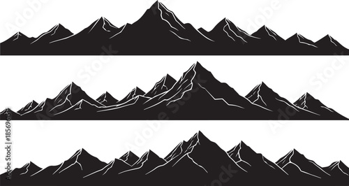 Three black silhouette mountain range landscapes with white highlights Keywords: mountains, mountain range