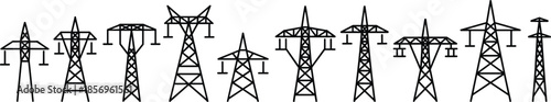 Electric power transmission tower silhouette set featuring multiple pylon designs, black vector electricity infrastructure icons for energy grid, utility, and industrial design projects