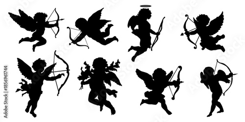Set of cupid silhouettes in different flying poses with bow and arrow. Black vector silhouettes of angel of love isolated on white background. Romantic illustration symbolizing love, Valentine’s Day, 