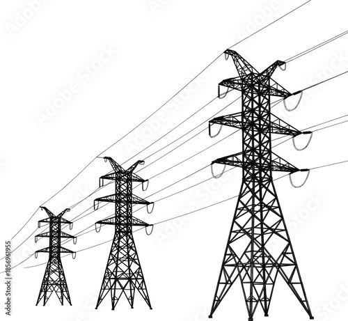High voltage electric power transmission towers in diagonal perspective row isolated on white background for industrial energy distribution projects.