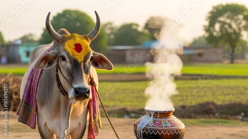 Holy white cow with turmeric and kumkum mark near boiling milk clay pot with smoke village background for harvest celebration or makar sankranti, pongal and lohri