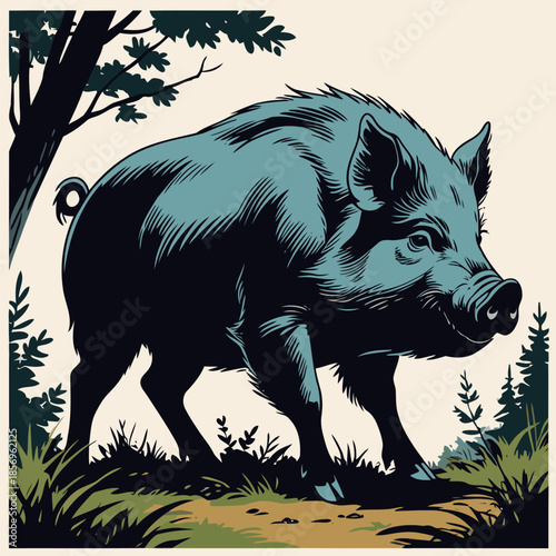 vector image of a wild boar in the forest