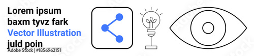 Social media, networking, creativity, idea development, innovation, vision. Blue share icon, bulb indicating ideas and a minimalistic eye symbol. Social media and creativity