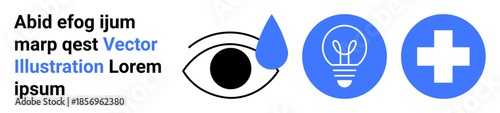 Vision, innovation, problem-solving, healthcare, support, and assistance concepts. Icons of an eye with a water drop, a light bulb and a medical cross in blue. Vision and innovation concept