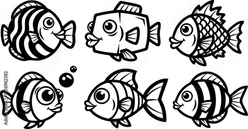 Six different cartoon style fish vector illustration in black and white line art design 
