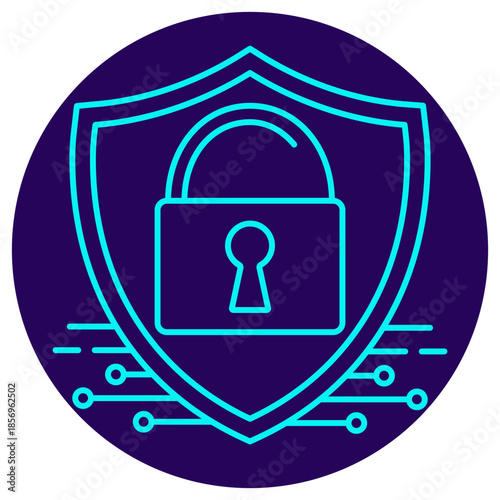Cybersecurity Icon. Minimalistic neon outline on a dark blue round background. A stylish vector illustration of a shield and closed lock protecting digital data signals, symbolizing data security