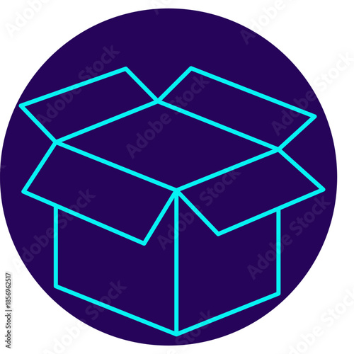 Package Icon. Minimalistic neon outline on a dark blue round background. A stylish vector illustration of an empty, open cardboard box, symbolizing a ready-to-use package, software distribution