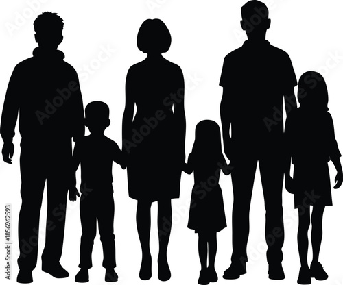 Adults and children together silhouette vector art illustration and minimal black and white design