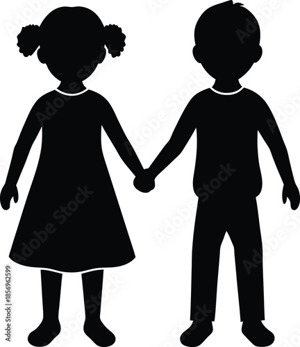 Children holding hands silhouette vector art illustration and minimal black and white design