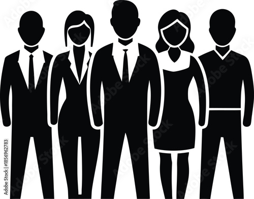 Diverse professionals standing together silhouette vector art illustration and minimal black and white design