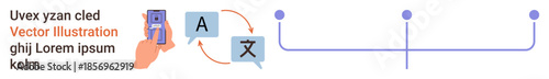 Language learning, translation tools, communication apps, global interaction, digital technology, user interface design. Mobile device with translation bubble icons and arrows. Language learning