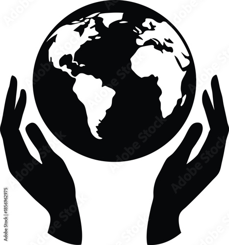 Global hands around the earth silhouette vector art illustration and minimal black and white design