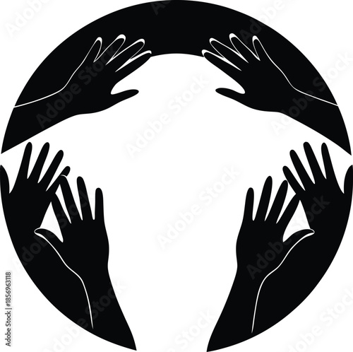 Hands forming circle silhouette vector art illustration and minimal black and white design