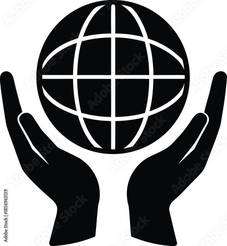 Hands supporting globe silhouette vector art illustration and minimal black and white design