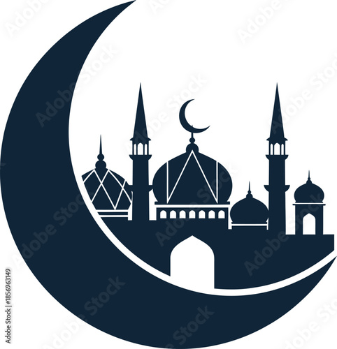 Dark Mosque Silhouette with Sharp Minarets and Prominent Crescent Moon Graphic for Ramadan Kareem Invitations