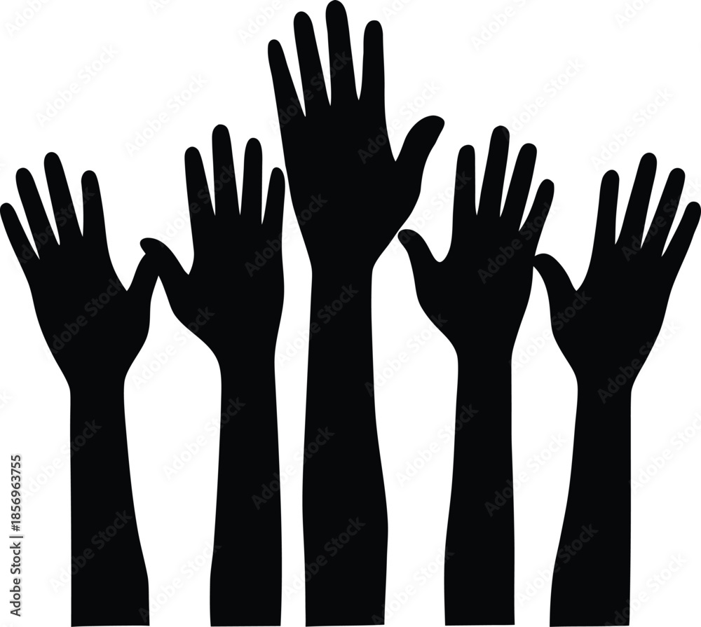 Fototapeta premium Raised hands in unity silhouette vector art illustration and minimal black and white design
