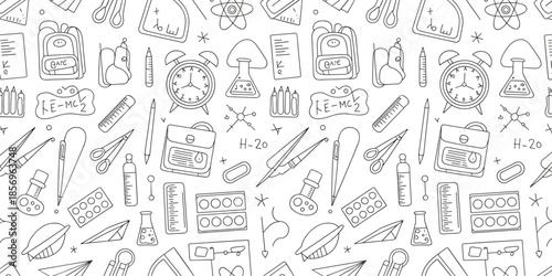 Hand drawn science education doodle pattern featuring chemistry, physics, math symbols, laboratory tools, school supplies, and formulas, seamless black and white vector background