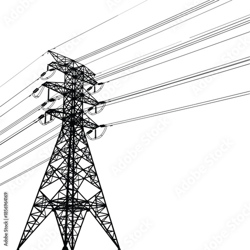 Single high voltage electric power transmission tower with long parallel cables isolated on white background for industrial energy distribution projects.
