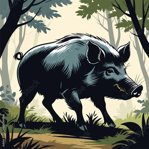 vector image of a wild boar in the forest