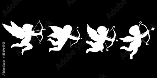 Set of white cupid silhouettes flying with bow and arrow on dark background. Vector illustration of love angels in different poses. Romantic design symbolizing love, Valentine’s Day, wedding and relat