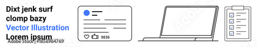 Social media, digital communication, workflow management, online interaction, content organization, task completion. Minimalist design profile card, laptop and checklist. Social media and digital