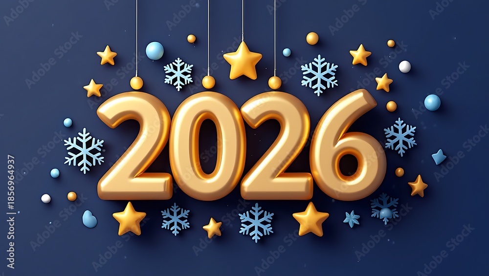Fototapeta premium Modern 3D Gold 2026 Happy New Year Layout with Hanging Decorations and Snowflakes on Blue