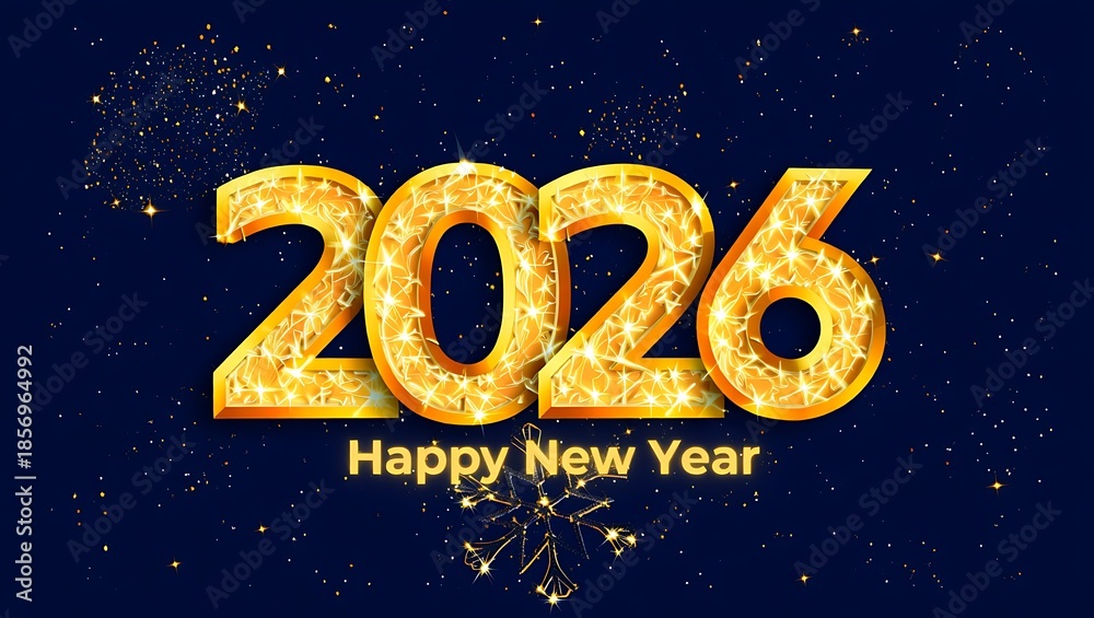 Fototapeta premium Sparkling Golden 2026 New Year Numbers Filled with Light Particles on Dark Blue Background