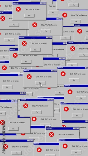 Computer error alert popups filling the screen. Old os critical system crash Mouse click fix button to repair. Vertical phone failure with multiple error windows covering display. Mobile hacker attack