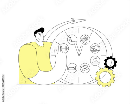 A person trying to control their clock. A clock with a daily schedule. Vector illustration of the concept of time management and work-life balance.