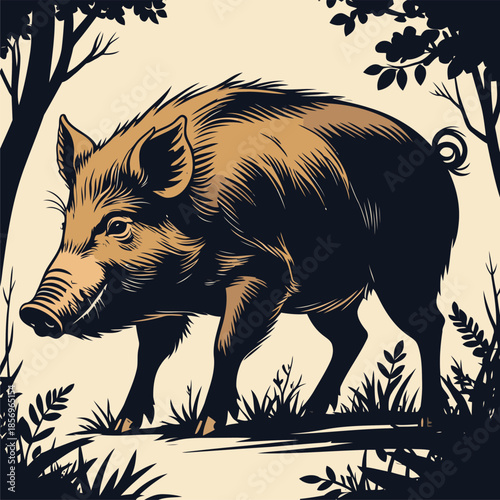 vector image of a wild boar in the forest