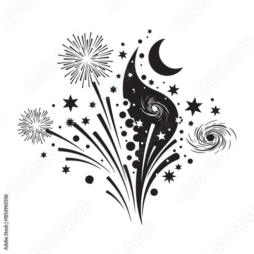 New year fireworks with crescent moon stars and swirls
