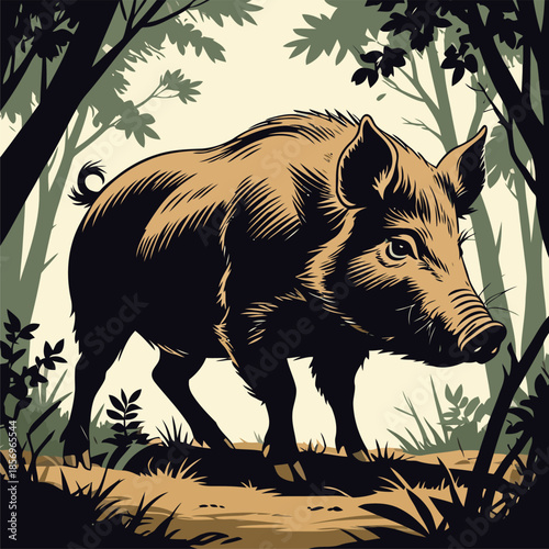 vector image of a wild boar in the forest