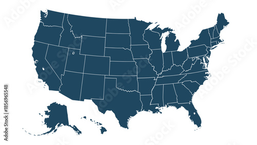 United States Map, Dark Blue, Isolated on White Background