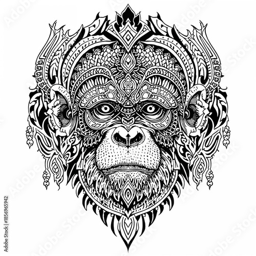 Orangutan Tribal Art: An intricate, artistic rendering of an orangutan, showcasing tribal patterns and detailed linework, symbolizing the rich cultural heritage and profound connection with nature.