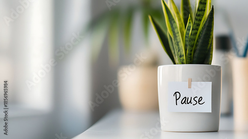 Take a moment to pause and breathe. A green plant in a white pot sits with a reminder note, encouraging mindful breaks for better well-being and a calmer workspace.