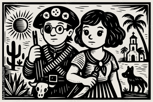 Lampiao and Maria Bonita, bandits and folk heroes of Brazil in traditional Brazilian cordel style. Northeast woodcut vector