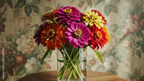 Vibrant Zinnia Bouquet: A captivating assortment of colorful zinnias, arranged elegantly in a glass vase, radiates the vibrant essence of nature's beauty and elegance.