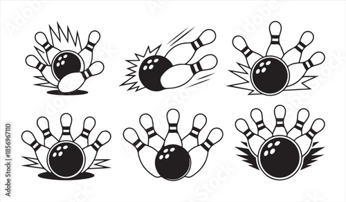 Bowling ball and pins silhouette collection showing powerful strike actions