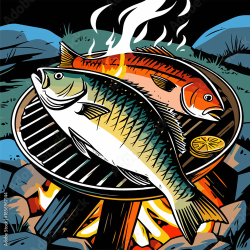 vector image of grilled fish cooked on a campfire