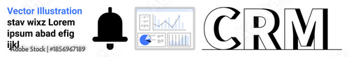 Notification bell, graph-filled analytics dashboard, and CRM text. Ideal for business tools, data management, notifications, analytics, marketing, communication or simple landing page