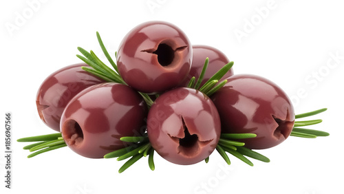 Slika na platnu Pile of dark purple olives with rosemary isolated on transparent background, pit