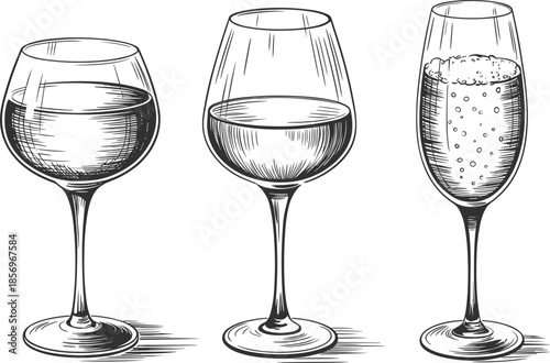 Vintage hand drawn wine and champagne glasses illustration set in black and white engraving style, elegant drinkware artwork ideal for menus, restaurants, bars, and branding designs