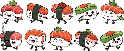 Cute kawaii sushi character illustration set featuring smiling nigiri and maki rolls, adorable Japanese food cartoons in playful flat vector style for kids designs