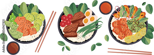 Colorful poke bowl vector set featuring assorted ingredients like vegetables, fruits, proteins, and rice with chopsticks and sauce dishes in fresh style.