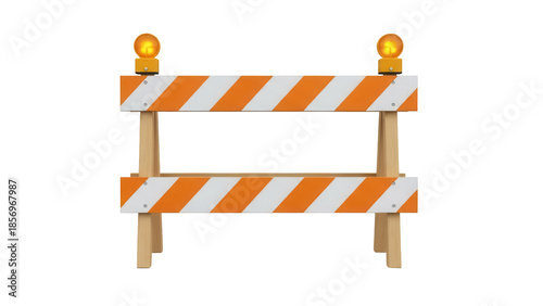Quadro em tela Orange and white striped traffic barricade with lights isolated PNG, constructio