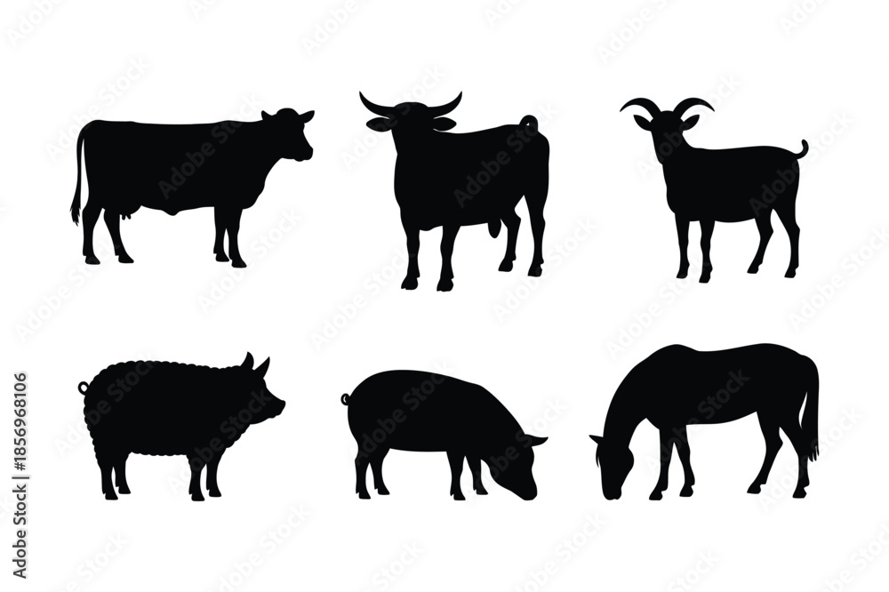 Fototapeta premium Domestic Farm Animal Silhouettes including Cow Pig and Sheep