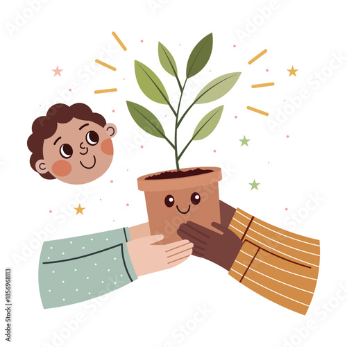 : Multicultural Hands Holding Plant Vector Illustration